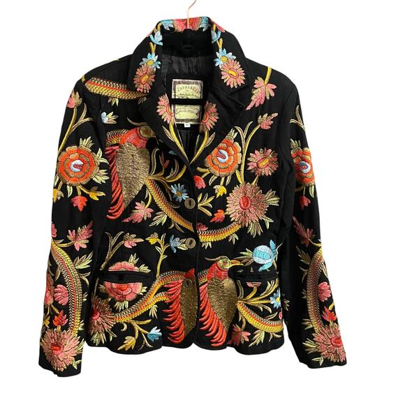 Paparazzi by BIZ Black Multicolor Floral Bird Embroidered Jacket Womens Small - Picture 1 of 7